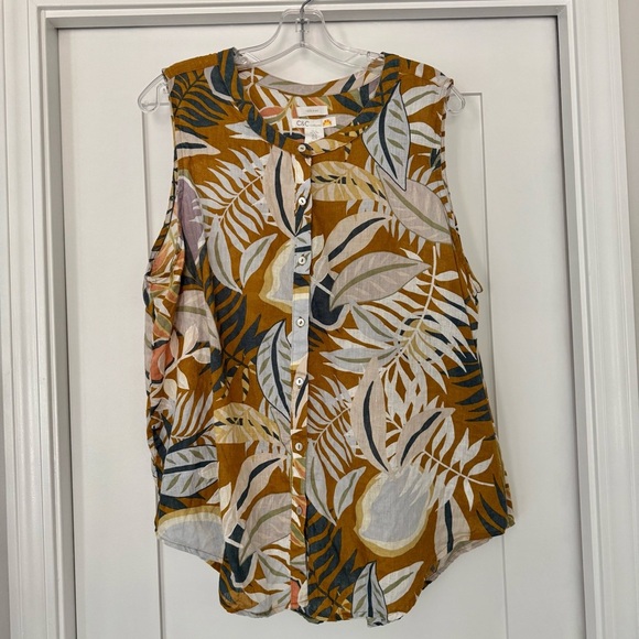 C&C California Tops - 100% linen sleeveless button down blouse tank tropical leaf C&C CALIFORNIA XL